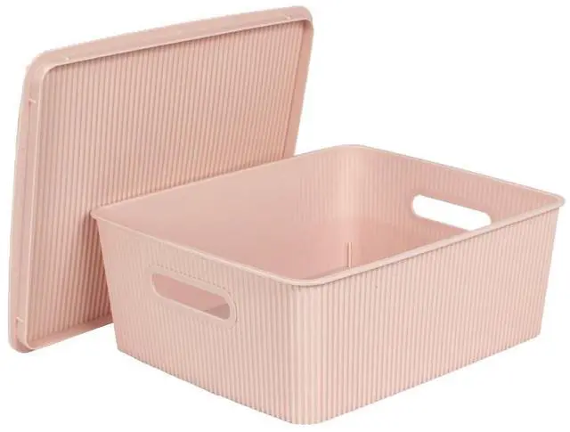 Alt view image 3 of 6 - Storage Baskets with Lids - Set of 4 Stackable Plastic Boxes with Handles - Decorative Shelf Organizer Bins for Bathroom and Closet, Pink, 3.1 Gallon