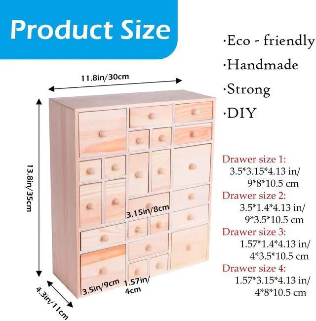 Alt view image 2 of 7 - Wooden DIY Countdown to Advent Calendar with 24 Drawers,Craft Storage Desktop Organizer,Apothecary Cabinet or Unfinished Wood Kids Craft Idea,14in x 12in x 4.3in