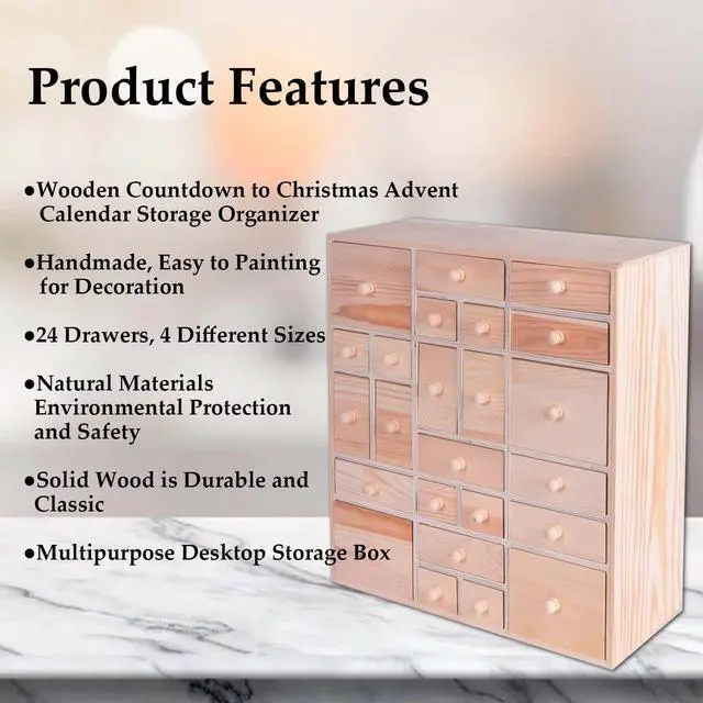 Alt view image 3 of 7 - Wooden DIY Countdown to Advent Calendar with 24 Drawers,Craft Storage Desktop Organizer,Apothecary Cabinet or Unfinished Wood Kids Craft Idea,14in x 12in x 4.3in