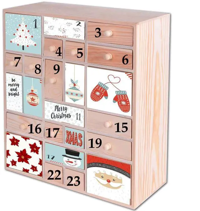 Alt view image 5 of 7 - Wooden DIY Countdown to Advent Calendar with 24 Drawers,Craft Storage Desktop Organizer,Apothecary Cabinet or Unfinished Wood Kids Craft Idea,14in x 12in x 4.3in