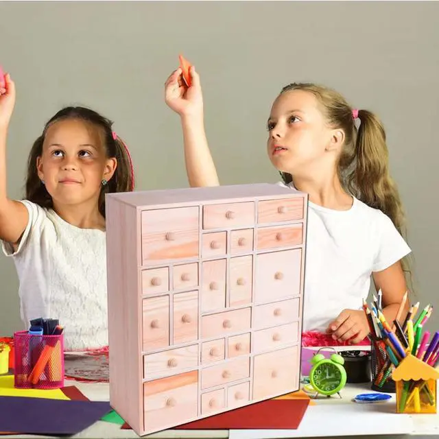 Alt view image 7 of 7 - Wooden DIY Countdown to Advent Calendar with 24 Drawers,Craft Storage Desktop Organizer,Apothecary Cabinet or Unfinished Wood Kids Craft Idea,14in x 12in x 4.3in