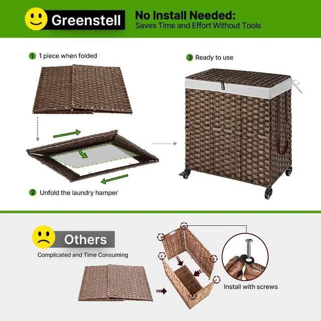 Alt view image 3 of 7 - Laundry Hamper with Wheels, No Install Needed, 110L Divided Handwoven Hampers & 2 Removable Liner Bags, Rattan Clothes Laundry Basket with Lid & Handles, Foldable Hampers Brown 22x13x26.4In