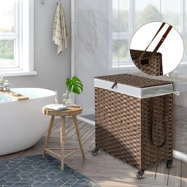 Alt view image 2 of 7 - Laundry Hamper with Wheels, No Install Needed, 110L Divided Handwoven Hampers & 2 Removable Liner Bags, Rattan Clothes Laundry Basket with Lid & Handles, Foldable Hampers Brown 22x13x26.4In