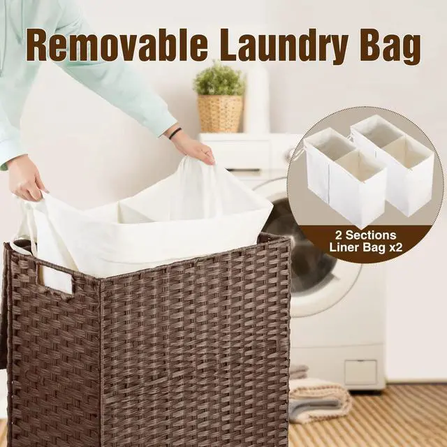 Alt view image 4 of 7 - Laundry Hamper with Wheels, No Install Needed, 110L Divided Handwoven Hampers & 2 Removable Liner Bags, Rattan Clothes Laundry Basket with Lid & Handles, Foldable Hampers Brown 22x13x26.4In