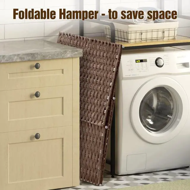 Alt view image 5 of 7 - Laundry Hamper with Wheels, No Install Needed, 110L Divided Handwoven Hampers & 2 Removable Liner Bags, Rattan Clothes Laundry Basket with Lid & Handles, Foldable Hampers Brown 22x13x26.4In