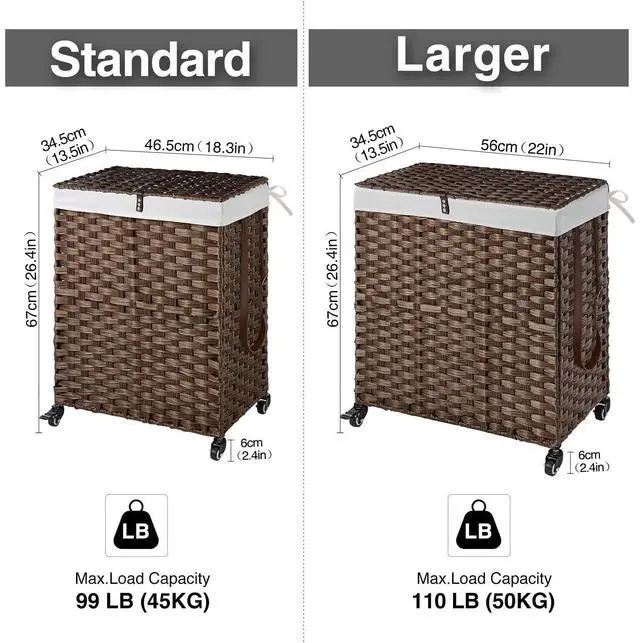 Alt view image 6 of 7 - Laundry Hamper with Wheels, No Install Needed, 110L Divided Handwoven Hampers & 2 Removable Liner Bags, Rattan Clothes Laundry Basket with Lid & Handles, Foldable Hampers Brown 22x13x26.4In