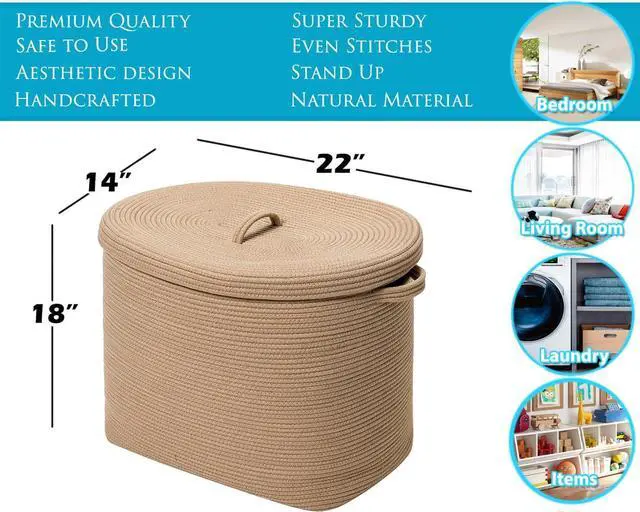 Alt view image 2 of 7 - 22"x14"x18" Rectangular Extra Large Storage Basket With Lid, Large Cotton Rope Storage Basket, Woven Laundry Hamper, Cloth Storage Bin, for Clothes Towels Blankets in Living Room, All Beige