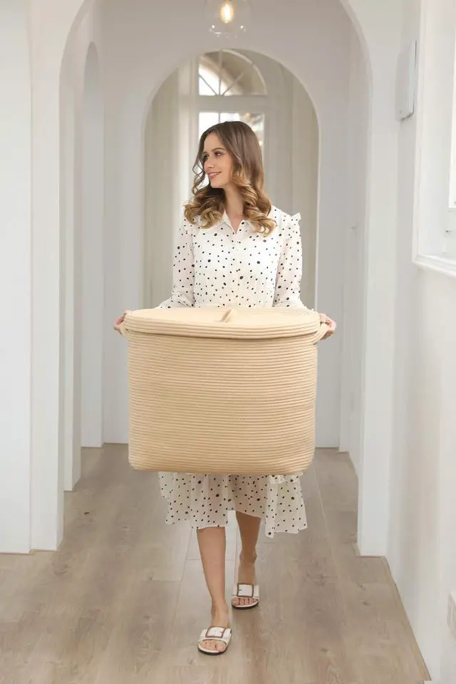 Alt view image 4 of 7 - 22"x14"x18" Rectangular Extra Large Storage Basket With Lid, Large Cotton Rope Storage Basket, Woven Laundry Hamper, Cloth Storage Bin, for Clothes Towels Blankets in Living Room, All Beige