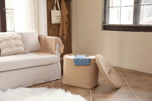 Alt view image 5 of 7 - 22"x14"x18" Rectangular Extra Large Storage Basket With Lid, Large Cotton Rope Storage Basket, Woven Laundry Hamper, Cloth Storage Bin, for Clothes Towels Blankets in Living Room, All Beige
