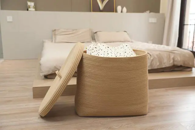Alt view image 7 of 7 - 22"x14"x18" Rectangular Extra Large Storage Basket With Lid, Large Cotton Rope Storage Basket, Woven Laundry Hamper, Cloth Storage Bin, for Clothes Towels Blankets in Living Room, All Beige