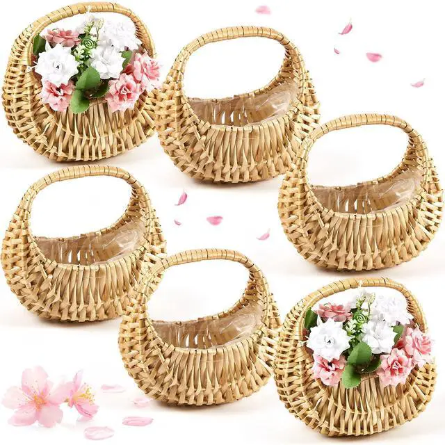 Main image of 6 Pack Rattan Flower Girl Basket Small Half Moon Straw Wicker Basket with Handle Ideal for Wedding Flower Girl,Picnic,Garden Storage and Home Decor (Nature)