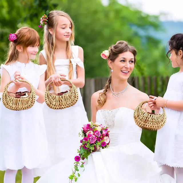 Alt view image 6 of 7 - 6 Pack Rattan Flower Girl Basket Small Half Moon Straw Wicker Basket with Handle Ideal for Wedding Flower Girl,Picnic,Garden Storage and Home Decor (Nature)