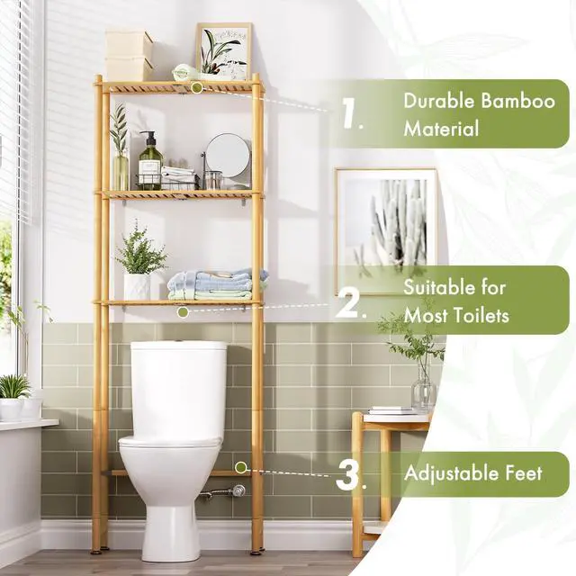 Alt view image 3 of 7 - Over The Toilet Storage Shelf Bamboo, 3-Tier Over Toilet Organizer Rack, Freestanding Above Toilet Shelf for Bathroom, Laundry, Space Saver, Natural Color