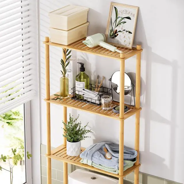 Alt view image 2 of 7 - Over The Toilet Storage Shelf Bamboo, 3-Tier Over Toilet Organizer Rack, Freestanding Above Toilet Shelf for Bathroom, Laundry, Space Saver, Natural Color