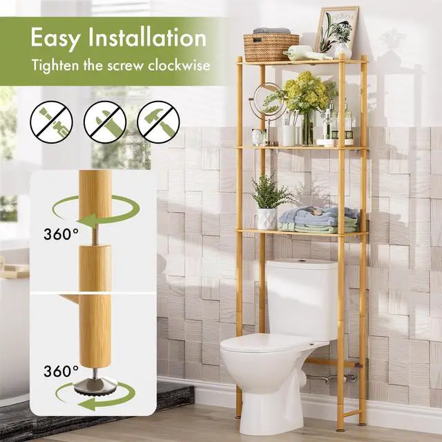 Alt view image 5 of 7 - Over The Toilet Storage Shelf Bamboo, 3-Tier Over Toilet Organizer Rack, Freestanding Above Toilet Shelf for Bathroom, Laundry, Space Saver, Natural Color