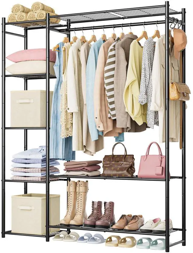Main image of Wardrobe Closet,Portable Clothes Rack with 4 Tiers Shelves,Freestanding Closet Organizers and Storage System with Hanging Rods,Steel Clothing Rack Suitable for Cloakrooms,Bedrooms,Entrances,etc.Black
