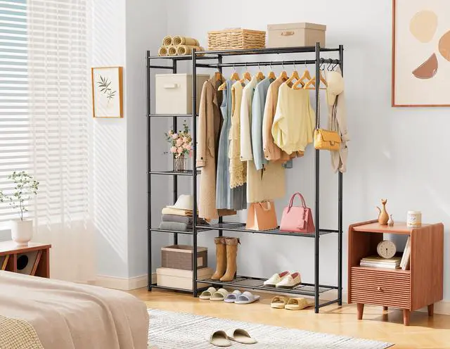 Alt view image 2 of 7 - Wardrobe Closet,Portable Clothes Rack with 4 Tiers Shelves,Freestanding Closet Organizers and Storage System with Hanging Rods,Steel Clothing Rack Suitable for Cloakrooms,Bedrooms,Entrances,etc.Black