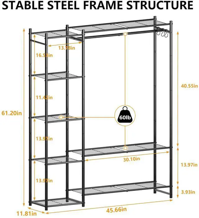 Alt view image 3 of 7 - Wardrobe Closet,Portable Clothes Rack with 4 Tiers Shelves,Freestanding Closet Organizers and Storage System with Hanging Rods,Steel Clothing Rack Suitable for Cloakrooms,Bedrooms,Entrances,etc.Black