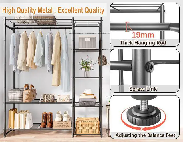Alt view image 4 of 7 - Wardrobe Closet,Portable Clothes Rack with 4 Tiers Shelves,Freestanding Closet Organizers and Storage System with Hanging Rods,Steel Clothing Rack Suitable for Cloakrooms,Bedrooms,Entrances,etc.Black