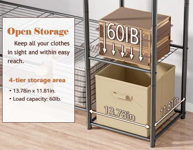 Alt view image 5 of 7 - Wardrobe Closet,Portable Clothes Rack with 4 Tiers Shelves,Freestanding Closet Organizers and Storage System with Hanging Rods,Steel Clothing Rack Suitable for Cloakrooms,Bedrooms,Entrances,etc.Black