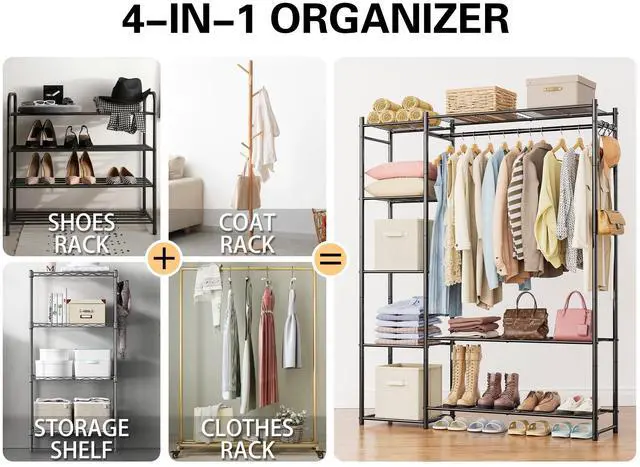 Alt view image 6 of 7 - Wardrobe Closet,Portable Clothes Rack with 4 Tiers Shelves,Freestanding Closet Organizers and Storage System with Hanging Rods,Steel Clothing Rack Suitable for Cloakrooms,Bedrooms,Entrances,etc.Black