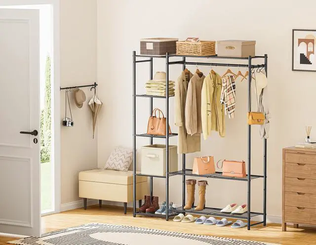 Alt view image 7 of 7 - Wardrobe Closet,Portable Clothes Rack with 4 Tiers Shelves,Freestanding Closet Organizers and Storage System with Hanging Rods,Steel Clothing Rack Suitable for Cloakrooms,Bedrooms,Entrances,etc.Black