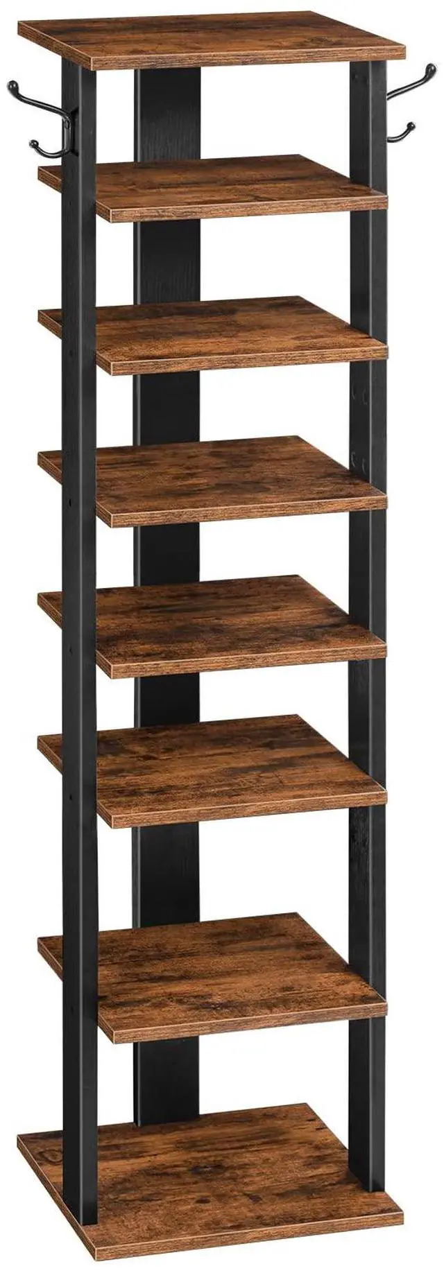 Main image of 8 Tiers Vertical Shoe Rack, Wooden Shoe Storage Organizer with Hooks, Narrow Shoe Tower for 8 Pairs, Space Saving, for Entryway, Living Room, Bedroom, Rustic Brown BF07XJ01G1
