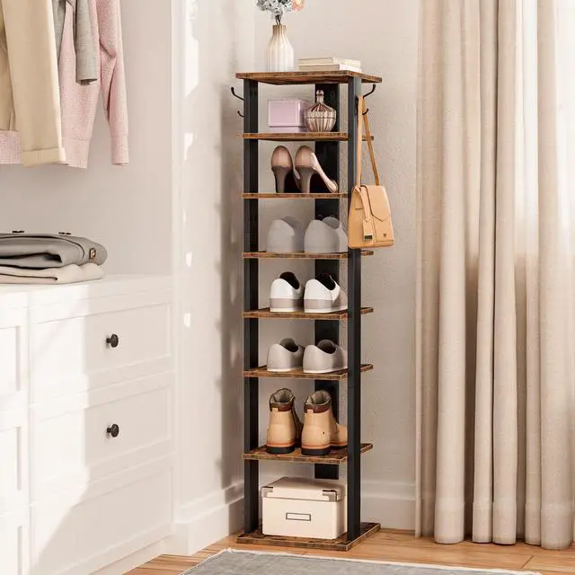 Alt view image 2 of 7 - 8 Tiers Vertical Shoe Rack, Wooden Shoe Storage Organizer with Hooks, Narrow Shoe Tower for 8 Pairs, Space Saving, for Entryway, Living Room, Bedroom, Rustic Brown BF07XJ01G1