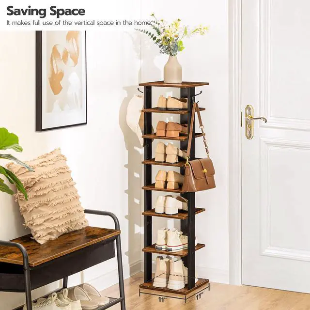Alt view image 4 of 7 - 8 Tiers Vertical Shoe Rack, Wooden Shoe Storage Organizer with Hooks, Narrow Shoe Tower for 8 Pairs, Space Saving, for Entryway, Living Room, Bedroom, Rustic Brown BF07XJ01G1