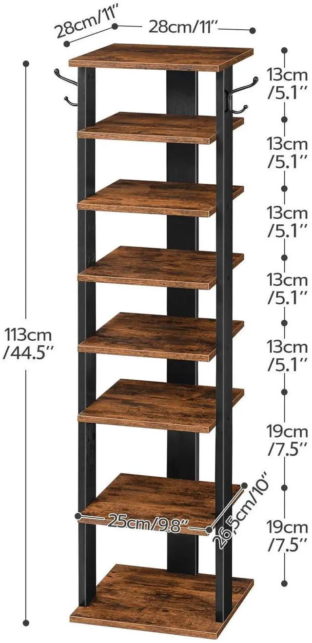 Alt view image 6 of 7 - 8 Tiers Vertical Shoe Rack, Wooden Shoe Storage Organizer with Hooks, Narrow Shoe Tower for 8 Pairs, Space Saving, for Entryway, Living Room, Bedroom, Rustic Brown BF07XJ01G1