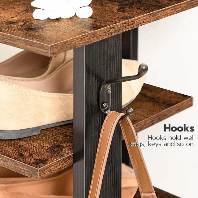 Alt view image 7 of 7 - 8 Tiers Vertical Shoe Rack, Wooden Shoe Storage Organizer with Hooks, Narrow Shoe Tower for 8 Pairs, Space Saving, for Entryway, Living Room, Bedroom, Rustic Brown BF07XJ01G1