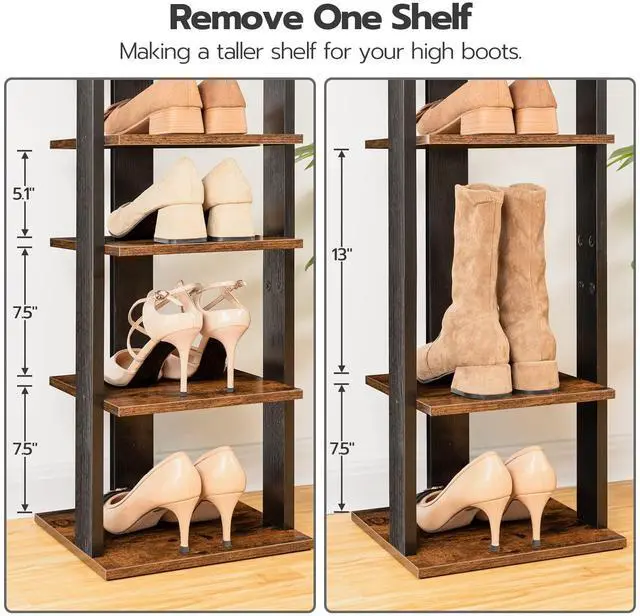 Alt view image 3 of 7 - 8 Tiers Vertical Shoe Rack, Wooden Shoe Storage Organizer with Hooks, Narrow Shoe Tower for 8 Pairs, Space Saving, for Entryway, Living Room, Bedroom, Rustic Brown BF07XJ01G1