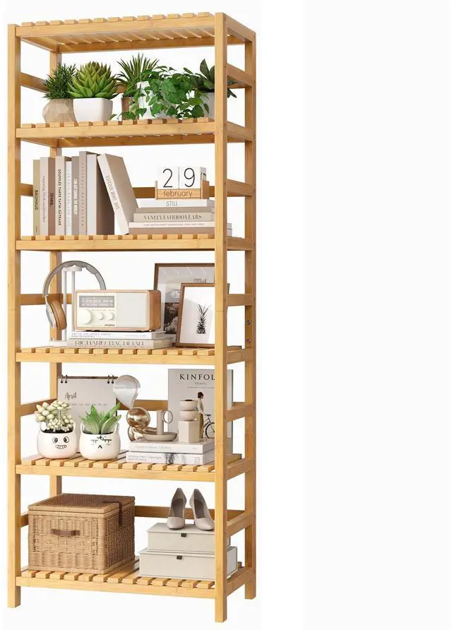 Main image of 6-Tier Bamboo Shelf, Bamboo Bookcase with Adjustable Shelves, Free Standing Storage Shelf Unit, Plant Flower Stand for Kitchen, Bathroom, Home Office, Natural