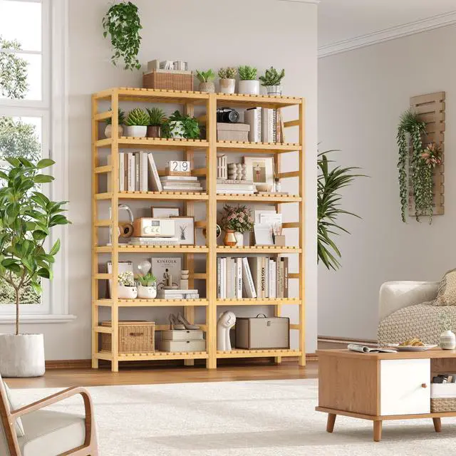 Alt view image 2 of 7 - 6-Tier Bamboo Shelf, Bamboo Bookcase with Adjustable Shelves, Free Standing Storage Shelf Unit, Plant Flower Stand for Kitchen, Bathroom, Home Office, Natural