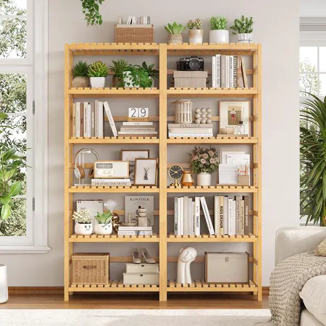 Alt view image 4 of 7 - 6-Tier Bamboo Shelf, Bamboo Bookcase with Adjustable Shelves, Free Standing Storage Shelf Unit, Plant Flower Stand for Kitchen, Bathroom, Home Office, Natural