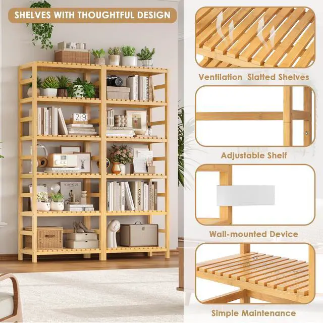 Alt view image 5 of 7 - 6-Tier Bamboo Shelf, Bamboo Bookcase with Adjustable Shelves, Free Standing Storage Shelf Unit, Plant Flower Stand for Kitchen, Bathroom, Home Office, Natural