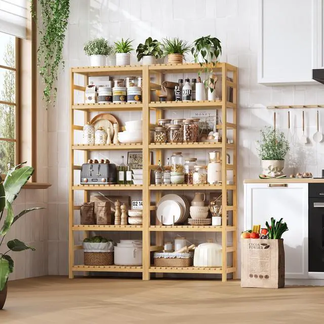 Alt view image 3 of 7 - 6-Tier Bamboo Shelf, Bamboo Bookcase with Adjustable Shelves, Free Standing Storage Shelf Unit, Plant Flower Stand for Kitchen, Bathroom, Home Office, Natural