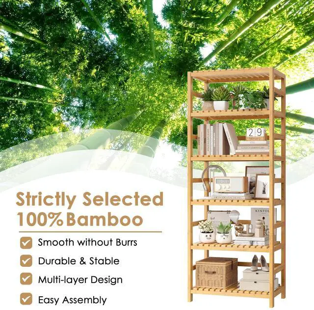 Alt view image 6 of 7 - 6-Tier Bamboo Shelf, Bamboo Bookcase with Adjustable Shelves, Free Standing Storage Shelf Unit, Plant Flower Stand for Kitchen, Bathroom, Home Office, Natural