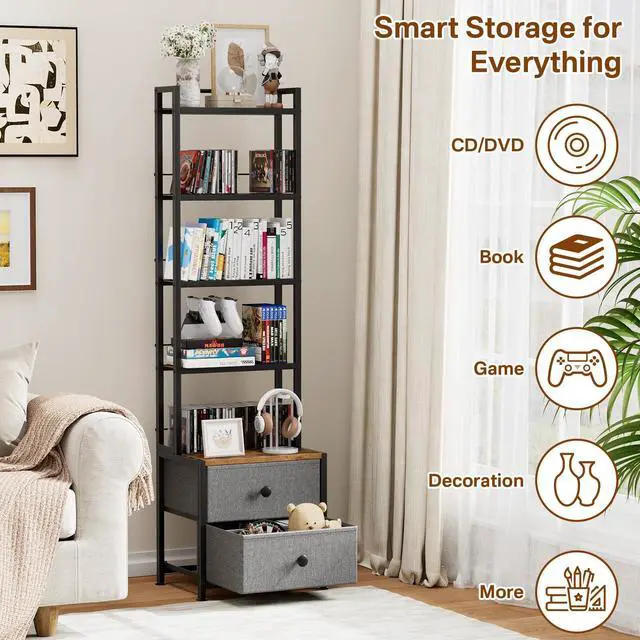 Alt view image 2 of 7 - CD Storage Rack with Drawer, 5-Tier DVD Organizer Shelf w/Adjustable Book Stoppers, Media Storage Rack for CD/DVD, Books & Games, Ideal for Living Room & Home Office 15.7x11.8x56.5Inches
