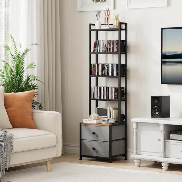Alt view image 4 of 7 - CD Storage Rack with Drawer, 5-Tier DVD Organizer Shelf w/Adjustable Book Stoppers, Media Storage Rack for CD/DVD, Books & Games, Ideal for Living Room & Home Office 15.7x11.8x56.5Inches