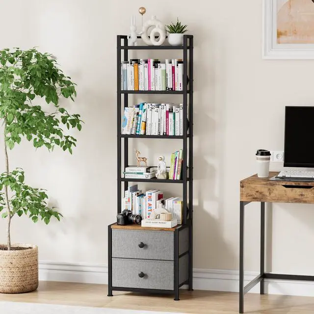 Alt view image 6 of 7 - CD Storage Rack with Drawer, 5-Tier DVD Organizer Shelf w/Adjustable Book Stoppers, Media Storage Rack for CD/DVD, Books & Games, Ideal for Living Room & Home Office 15.7x11.8x56.5Inches