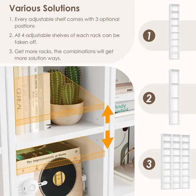 Alt view image 6 of 7 - 8-Tier Media Tower Rack, 11.6 X 9.3 X 70.9 Inches CD DVD Slim Storage Cabinet with Adjustable Shelves, Tall Narrow Bookcase Display Bookshelf for Home Office, White