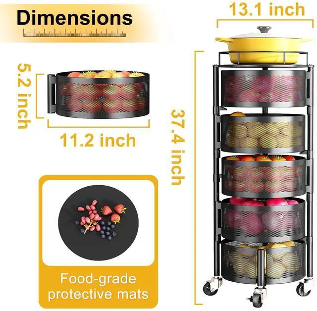 Alt view image 3 of 7 - Fruit and Vegetable Basket Bowls for Kitchen with Metal Top Lid, 5 Tier Rotating Storage Rack Cart for Potato Onion Bread Banana, Wire Basket Organizer on Wheels, Large, Black