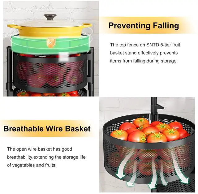 Alt view image 4 of 7 - Fruit and Vegetable Basket Bowls for Kitchen with Metal Top Lid, 5 Tier Rotating Storage Rack Cart for Potato Onion Bread Banana, Wire Basket Organizer on Wheels, Large, Black