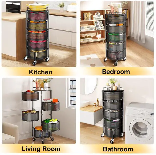 Alt view image 7 of 7 - Fruit and Vegetable Basket Bowls for Kitchen with Metal Top Lid, 5 Tier Rotating Storage Rack Cart for Potato Onion Bread Banana, Wire Basket Organizer on Wheels, Large, Black