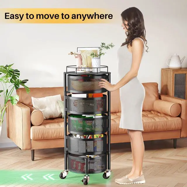 Alt view image 6 of 7 - Fruit and Vegetable Basket Bowls for Kitchen with Metal Top Lid, 5 Tier Rotating Storage Rack Cart for Potato Onion Bread Banana, Wire Basket Organizer on Wheels, Large, Black