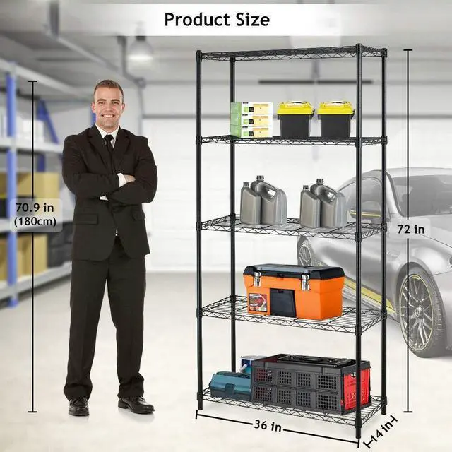 Alt view image 6 of 6 - Wire Shelving Unit Commercial Metal Shelf Adjustable Layer Rack Strong Steel for Restaurant Garage Pantry Kitchen Garage (36×14×72, Black)