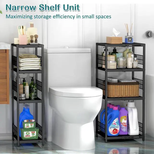 Alt view image 2 of 7 - Expandable Slim Storage Shelf, 4 Tier Metal Shelving Unit for Bathroom Storage Organizer, Freestanding Narrow Shelf for Small Spaces, Open Floor Shelves for Bathroom, Laundry Room, Kitchen