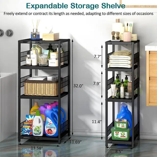 Alt view image 5 of 7 - Expandable Slim Storage Shelf, 4 Tier Metal Shelving Unit for Bathroom Storage Organizer, Freestanding Narrow Shelf for Small Spaces, Open Floor Shelves for Bathroom, Laundry Room, Kitchen