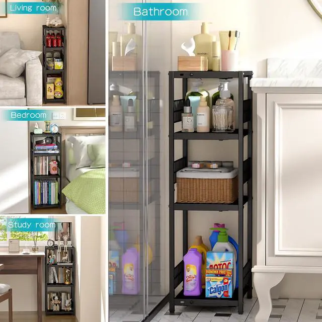 Alt view image 7 of 7 - Expandable Slim Storage Shelf, 4 Tier Metal Shelving Unit for Bathroom Storage Organizer, Freestanding Narrow Shelf for Small Spaces, Open Floor Shelves for Bathroom, Laundry Room, Kitchen